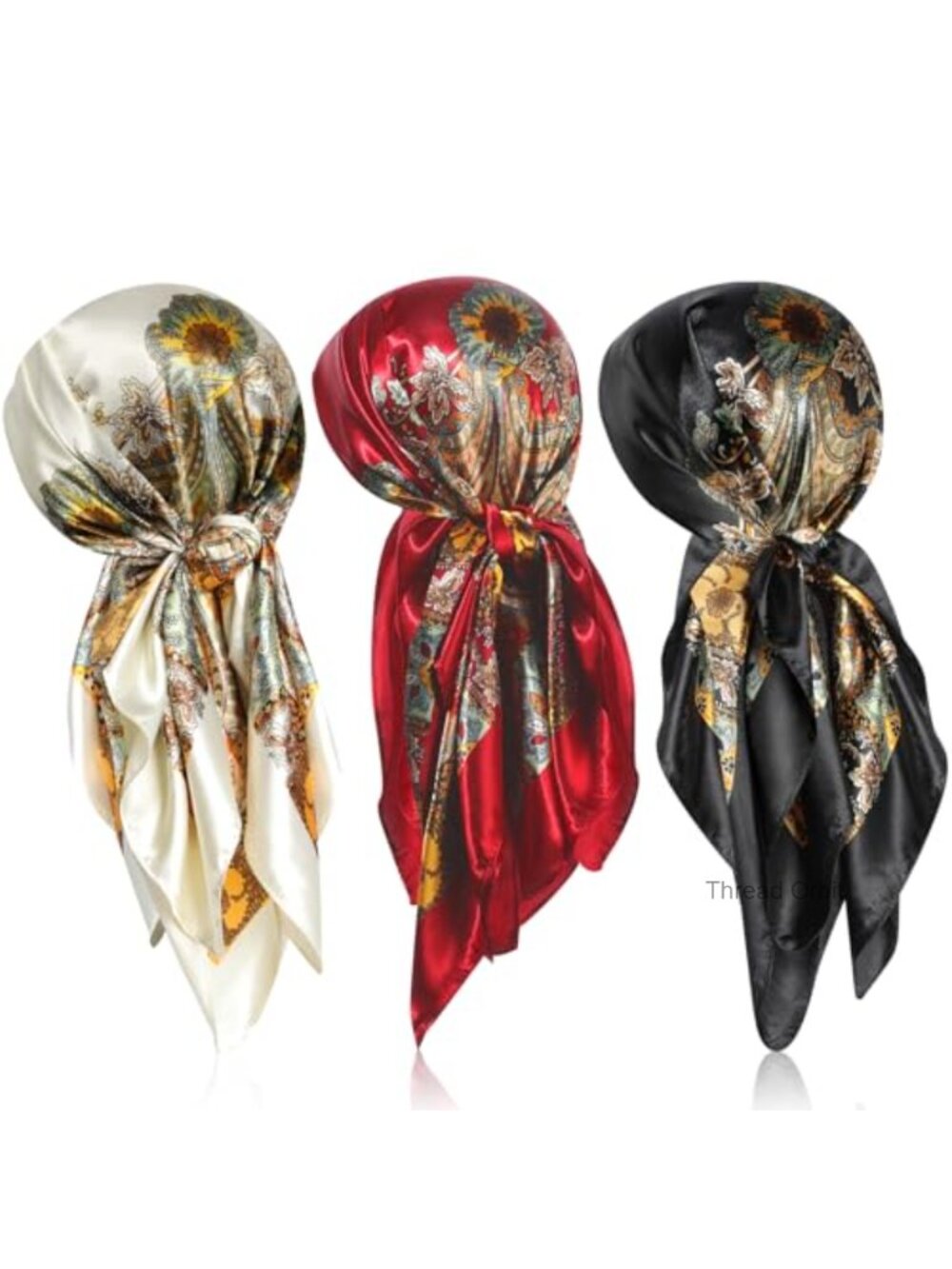 3 Pc Silk Feeling Satin Head Scarf Set Large Square Wrap Women